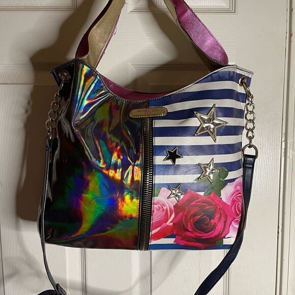 Nicole lee American Flag Satchel/shoulder bag Blue & white stripes ,red … - Picture 2 of 12